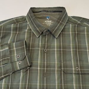 KUHL Men's XXL Long Sleeve Button Down Green Blue Plaid Hiking Outdoor